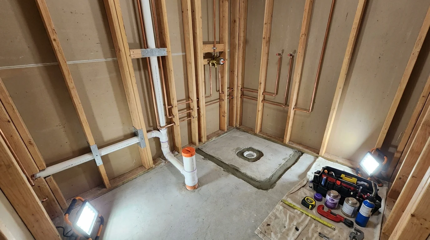 Bathroom rough-in plumbing during remodel by Johns Plumbing LLC in Westbrook
