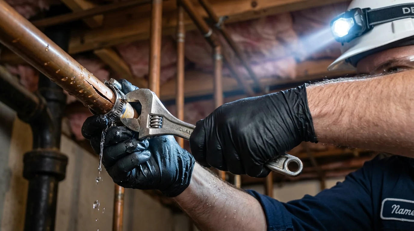 Emergency pipe clamp repair being performed by a Johns Plumbing LLC plumber in Westbrook