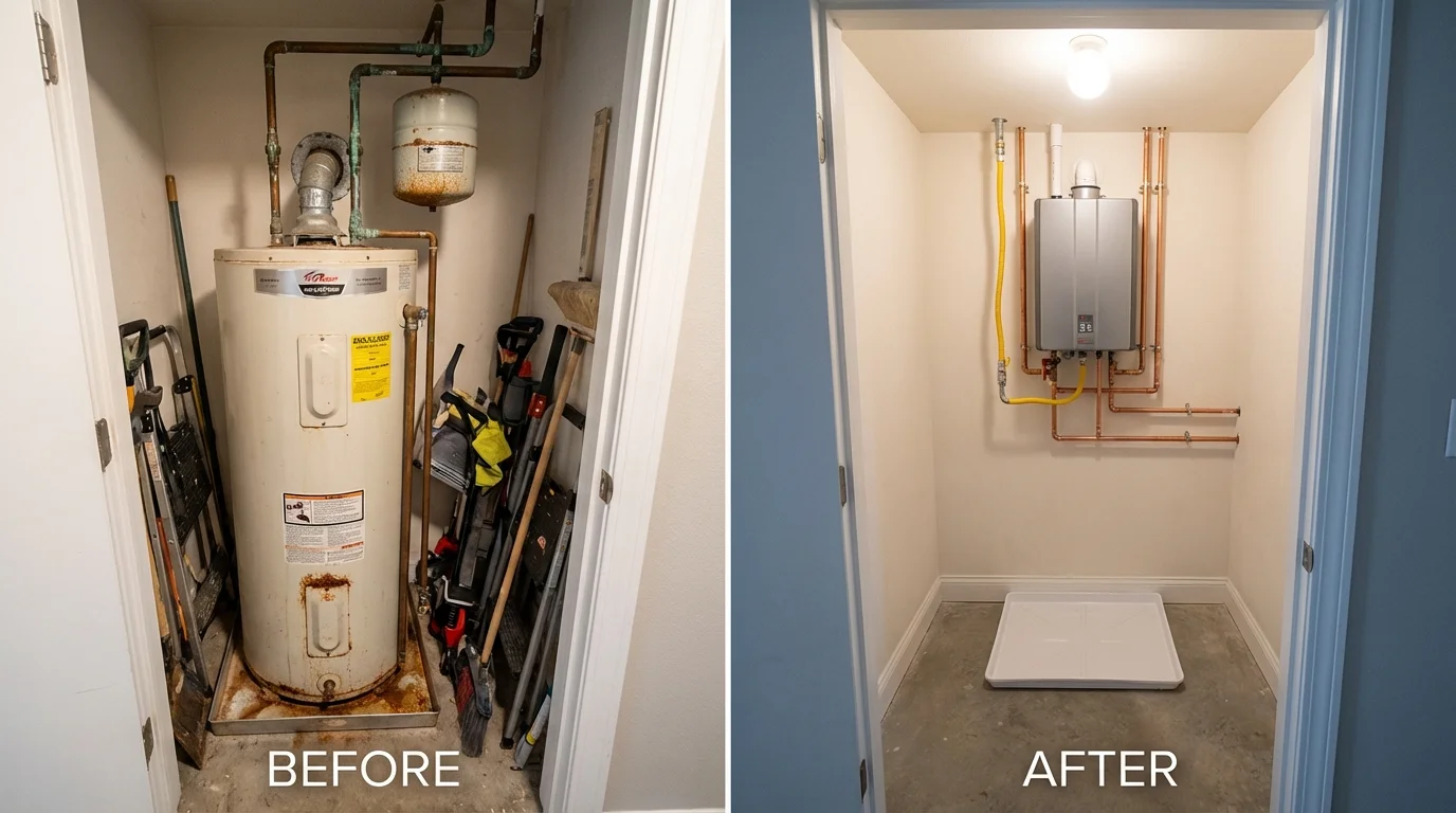 Tank water heater versus wall-mounted tankless unit comparison for Westbrook, ME homeowners