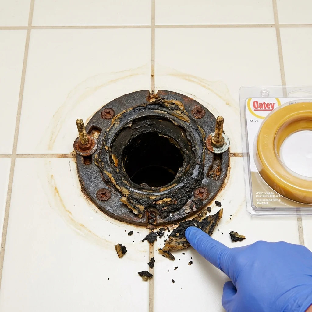 Failed wax ring showing water seepage at the base of a toilet in a Westbrook, ME home