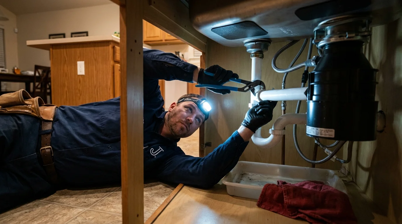 P-trap and supply line connections under a kitchen sink showing a common leak point in Westbrook, ME